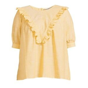 NWT Terra & Sky Womens Plus SZ 1X Yellow Ruffle Blouse Short Sleeve Casualwear